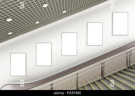 Cinq affiches publicité verticale blanche sur mur d'escalier souterrain. 3d illustration Banque D'Images