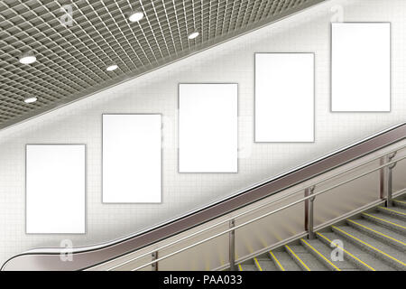 Cinq affiches publicité verticale blanche sur mur d'escalier souterrain. 3d illustration Banque D'Images