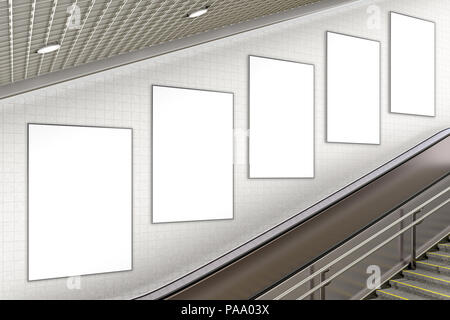 Cinq affiches publicité verticale blanche sur mur d'escalier souterrain. 3d illustration Banque D'Images
