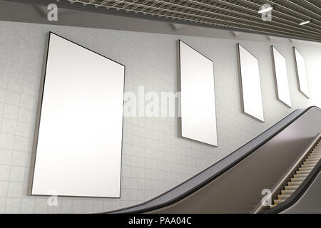 Vertical blanc affiches publicitaires sur le mur de l'escalier souterrain. 3d illustration Banque D'Images
