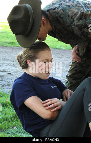 Au Sherman Oaks Recreation Park, la sergt Adrianna Medina, instructrice de forage, supervisait Alexandria Banks, une piscine de la sous-station de recrutement Santa Clarita, effectuant des croquis lors d'une fonction de piscine féminine. L'exercice a évalué la force du tronc, l'endurance et la technique dans le cadre du test de force initial. Les instructeurs de forage ont assuré le respect des normes, de la formation et de la discipline du corps des Marines. Des enlisées de Los Angeles et du comté d'Orange ont participé à un entraînement physique en 2016. Banque D'Images