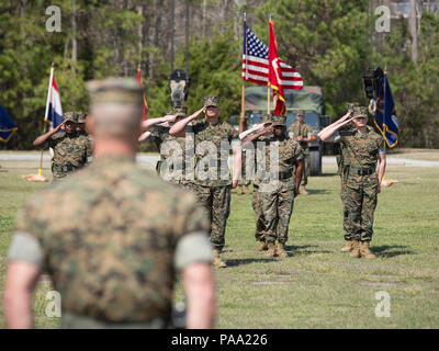 Les Marines américains avec 25 Régiment de logistique de combat CLR (25), salue le Colonel Kevin J. Stewart, commandant, CLR 25, au cours d'une cérémonie de secours post et le Sgt. Le Major Alex M. Dobson à Soifert sur champ Camp Lejeune, N.C., 14 mars 2016. Dobson a quitté le commandement de Sgt. Le Major Scott M. Schmitt. (U.S. Marine Corps photo par Lance Cpl. Tyler W. Stewart/libérés) Banque D'Images