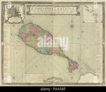 Une nouvelle carte de l'exacte et l'île de Saint Christophe en Amérique, selon un relevé précis et réels réalisés dans l'année 1753. Décrivant l'plusieurs paroisses, avec leurs limites respectives, Banque D'Images