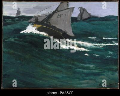 La Vague verte. Artiste : Claude Monet (français, Paris 1906-1957 Giverny). Dimensions : 19 1/8 x 25 1/2 in. (48,6 x 64,8 cm). Date : ca. 1866-1867. Lorsque ces premiers marins débute à l'exposition impressionniste de 1879, un critique a fait remarquer qu'il était "directement influencé par Manet." Le traitement de peinture et la composition, particulièrement le ligne d'horizon, echo Manet, scènes de guerre américains,  <i >l 'Kearsarge' à Boulogne </i > (1999.442) et  <i >la bataille de la 'Kearsarge' et 'la'  </i >(Philadelphia Museum of Art), qui peut-être déjà vu sur Monet Exposition à Paris en 1865 et 1867 Banque D'Images