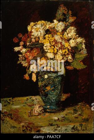 Fleurs dans un vase bleu. Artiste : Adolphe Monticelli (Marseille 1824-1886 Français, Marseille). Dimensions : hors tout, avec ajout d'une bande au droit, 26 1/2 x 19 1/4 in. (67,3 x 48,9 cm). Date : 1879-1883. Monticelli a peint des centaines de photos avec gros grain, surfaces richement colorés, mais ses natures mortes, tous peints entre 1879 et 1883, ont été les plus admirées. Cézanne était fasciné par son travail, comme l'a Van Gogh, qui a écrit à son frère que 'Monticelli parfois un bouquet de fleurs comme une excuse pour rassembler en un seul groupe spécial, l'ensemble de ses plus riches et les plus pe Banque D'Images