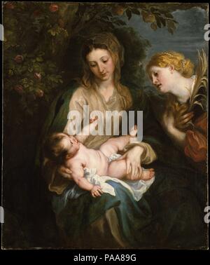 Vierge à l'Enfant avec sainte Catherine d'Alexandrie. Artiste : Anthony Van Dyck (flamande, Anvers 1599-1641 Londres). Dimensions : 43 x 35 3/4 in. (109,2 x 90,8 cm) ; avec bandes ajoutées 44 1/8 x 37 in. (112.1 x 94 cm). Date : ca. 1630. L'enfant Jésus répond avec enthousiasme ludique à un adorant Saint Catherine, une ancienne princesse identifiés par perles et un martyr's palm. Elle a été considéré comme un intercesseur pour les jeunes femmes en raison de son mariage mystique avec le Christ. La photo est chaud l'humanité et élégamment composition rythmique refléter Van Dyck a une grande admiration pour Titien, Veronese, et d'autres Ni Banque D'Images