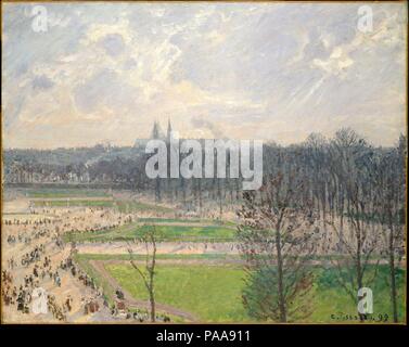 Le Jardin des Tuileries sur un Après-midi d'hiver. Artiste : Camille Pissarro (Français, Charlotte Amalie, Saint Thomas 1830-1903 Paris). Dimensions : 28 7/8 x 36 3/8 in. (73,3 x 92,4 cm). Date : 1899. Pissarro a loué un grand appartement au 204 rue de Rivoli à Paris pour la première moitié de 1899. À partir de ses fenêtres donnant sur le Jardin des Tuileries, il peint six vues du jardin (y compris ce travail et deux autres personnes dans la région métropolitaine), dans lequel les deux clochers de l'église de Sainte-Clotilde ponctuent la vaste étendue du ciel. Attentif à l'évolution de la lumière, l'atmosphère, et le climat, ainsi qu'à la Banque D'Images