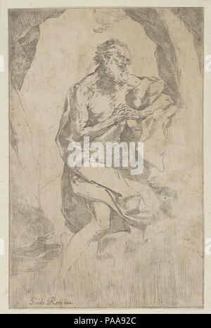 Saint Jérôme agenouillée sur un rocher en face d'une croix et un livre ouvert faisant face à droite, après Reni. Artiste : Après l'italien Guido Reni (1575-1642), Bologne Bologne ; Anonyme, 17e siècle. Fiche Technique Dimensions : (découpés) : 8 3/8 x 5 1/2 in. (21,2 × 13,9 cm). Date : ca. 1600-1640. Copie inachevée en marche arrière avec l'inscription. Verso non visible que l'impression est mis sur une autre feuille de papier. Musée : Metropolitan Museum of Art, New York, USA. Banque D'Images