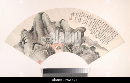 Pic Hezhang. Artiste : Lin Shu (Chinois, 1852-1924). Culture : la Chine. Dimensions : 11/16 x 7 1/4 in 21. (19,5 x 54 cm). Date : du 1921. Ce n'était pas de l'inscription, la peinture de Shu Lin pourraient être prises pour un paysage de montagne idéalisé avec un regard érudit générique à partir d'un pont. Lin a écrit qu'il a visité les grottes merveilleuses et les pics de Wenzhou dans le Zhejiang, et qu'il peint ce ventilateur comme un 'aperçu' pour un ami qui va l'accompagner sur le même voyage le jour suivant. Musée : Metropolitan Museum of Art, New York, USA. Banque D'Images