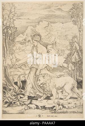 Courage dans le profil voir marcher vers un feu, à gauche et à la tête d'un lion harnaché, un paysage en arrière-plan. Artiste : Marco dente (Italien, Ravenne, active en 1515 est mort à Rome 1527) ; Après Raphael (Raffaello Sanzio ou Santi), Italien (1483-1520) ; Rome Urbino ou Tommaso Vincidor (Tommaso di Andrea) italien (Bologne, ca. 1517-ca. 1536 Breda ( ?)). Fiche Technique Dimensions : (découpés) : 10 1/4 × 7 5/16 in. (26 × 18,5 cm). Editeur : Antonio Salamanca Salamanca (1478-1562) de Rome. Date : ca. 1515-27. Musée : Metropolitan Museum of Art, New York, USA. Banque D'Images