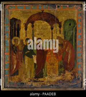 La présentation au Temple. Artiste : peintre byzantin (15e siècle). Dimensions : 17 1/2 x 16 5/8 in. (44,5 x 42,2 cm). L'Hypapante est l'une des grandes fêtes de l'église orthodoxe. Selon l'Évangile de Luc (2:22-38), lorsque Joseph (extrême gauche) et la vierge (au centre) a présenté le Christ dans le temple pour le rite de purification quarante jours après sa naissance, sa divinité a été immédiatement reconnu par Siméon (à droite) et la prophétesse Anne (à gauche). Musée : Metropolitan Museum of Art, New York, USA. Banque D'Images