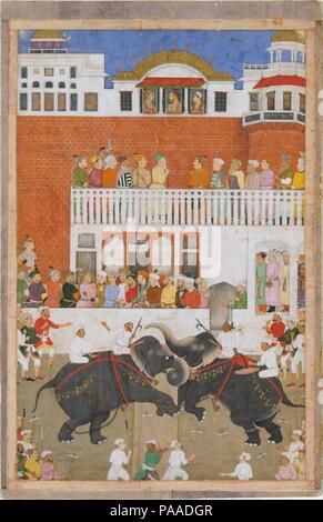 'Shah Jahan Regarder un éléphant lutte', folio d'un Padshahnama. Artiste : Bulaqi. Dimensions : 15 po. de large 9,75 de haut (38,2 cm de haut 24,7 cm de large). Date : 1639 probablement. Dans cette page de l'Padshahnama, l'artiste a créé un espace unifié qui s'étend de l'avant-plan, où l'goaders sont fraisage, en haut de la scène, où l'empereur et ses deux fils sont représentée de profil à une fenêtre tripartite. Bien que les murs blancs et rouges du fort sont des avions non modulée, le placement des figures avant eux donne un sens de la récession spatiale. Le dynamisme de la lutte contre l'éléphant balanc Banque D'Images