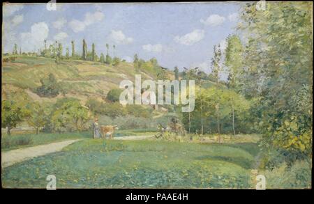 Un vacher au Valhermeil, Auvers-sur-Oise. Artiste : Camille Pissarro (Français, Charlotte Amalie, Saint Thomas 1830-1903 Paris). Dimensions : 21 5/8 x 36 1/4 in. (54,9 x 92,1 cm). Date : 1874. Cette vue montre l'une des routes reliant le hameau de Valhermeil à Auvers avec Pontoise, le village au nord-ouest de Paris où Pissarro a vécu de nombreuses années. Entre 1873 et 1882, il peint une vingtaine d'œuvres dans ce domaine, plusieurs avec la même maison au toit rouge. L'objet, les villageois marche sur des chemins à travers la campagne française, était l'un des favoris de l'artiste, ce qui témoigne de son intérêt pour la p Banque D'Images