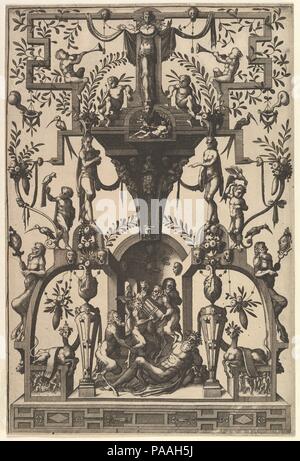 Décoration de surface, grotesque avec Strapwork, y compris une niche murale sous un auvent, scène Strapwork bachiques ci-dessous d'Veelderleij Veranderinghe grotissen Compertimenten...van ende Libro Primo. Artiste : Johannes van Doetecum l'ancien (active, Russisch 1554-ca. 1600, décédé 1605) ; Lucas van Doetecum (active, Russisch 1554-72, est mort avant 1589) ; après Cornelis Floris II (Anvers, Russisch avant 1514-1575 Anvers). Fiche Technique : Dimensions : 12 1/8 x 8 1/8 in. (30,8 x 20,7 cm). Date : 1556. Musée : Metropolitan Museum of Art, New York, USA. Banque D'Images