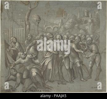 L'Arrestation du Christ. Artiste : Niccolò Giolfino (Italien, Vérone Vérone 1476-1555). Dimensions : 9-1/8 x 10-1/2 in. (23,1 x 26,7 cm). Date : ca. 1545-46. Niccolò Giolfino, un artiste dans le nord de l'Italie ville de Vérone, dans les années 1540, a appelé cette scène en préparation de sa peinture à l'huile "l'Arrestation du Christ", achevé en 1546 pour l'Avanzi Chapelle dans l'église de San Bernardino, Vérone. La scène représente le moment tumultueux après la trahison de Judas, par un baiser qui a identifié le Christ pour les soldats romains. Maintenant, à peine capable d'atteindre son front, le barbu Judas est déviée par th Banque D'Images