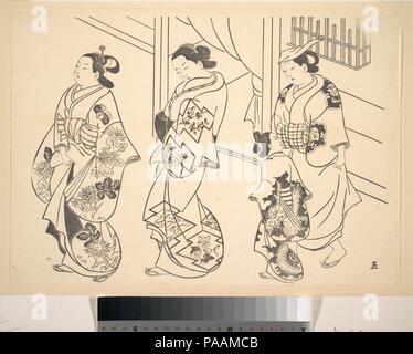 Trois courtisans et une Kamuro flâner dans la rue. Artiste : Après l'okumura Masanobu (japonais, 1686-1764). Culture : le Japon. Dimensions : 10 1/4 x 14 11/16 po. (26 x 37,3 cm). Musée : Metropolitan Museum of Art, New York, USA. Banque D'Images