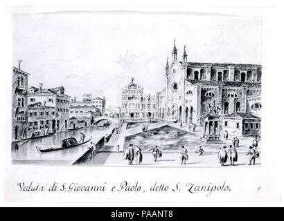 Campo Santi Giovanni e Paolo, regardant vers la Scuola di San Marco. Artiste : Giacomo GUARDI (Italien, Venise ( ?) 1764-1835 Venise ( ?)). Dimensions : 4 x 8 3/8 à 15/16. (12,5 x 21,2 cm). Date : ca. 1804-28. C'est l'un d'une série de dessins, tous dans la plume, et Gray se laver, qui faisait partie d'un album immobilier quarante-huit vues de Venise et les îles environnantes. Reconnaissant le marché d'incitation à produire des dessins plutôt prosaïque en guise de souvenirs pour touristes de passage, Giacomo fait de nombreuses ces albums, répétant les compositions selon le besoin. Le point de vue de la Piazza San Marco, qui commencent Banque D'Images