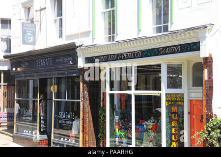 Boutiques excentriques sur l'arbre, dans la vieille ville, à Hastings, sur la côte sud, dans l'East Sussex, UK Banque D'Images