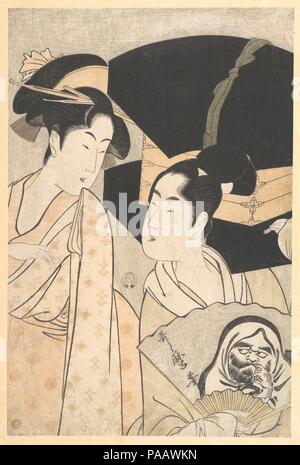 Vendeur du ventilateur. Artiste : Kitagawa Utamaro (Japonais, ca. 1754-1806). Culture : le Japon. Dimensions : H. 14 7/8 in. (37,8 cm) ; W. 9 7/8 in. (25,1 cm). Date : vers 1790. Les vendeurs de ventilateur à Edo ont été réputé pour être à la mode, de beaux garçons qui ont attiré l'attention des filles. Cela semble être le cas ici, où le vendeur est montrant un ventilateur peint avec la face de la maître Zen Daruma pour une belle jeune femme. Utamaro, cependant, a représenté la peinture sur le ventilateur avec une telle vigueur que le Daruma semble animé que comme les chiffres dans cette scène. Avec son doigt dans sa bouche dans un geste traditionnel de l'envie, il semble Banque D'Images