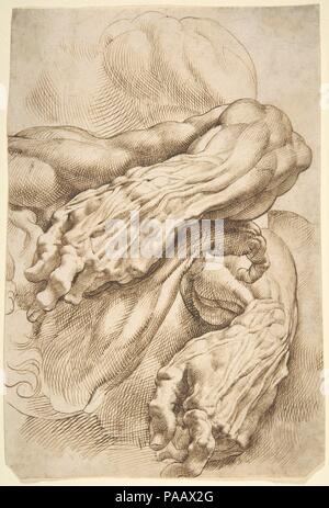 Les études anatomiques : un avant-bras gauche dans deux positions et un avant-bras droit. Artiste : Peter Paul Rubens (Siegen, flamand 1577-1640 Anvers). Fiche technique : Dimensions : 10 15/16 x 7 5/16 in. (27,8 x 18,6 cm). Date : ca. 1600- ca. 1605. Cette impressionnante démontre fiche Rubens' la compréhension du corps humain et de son engagement à l'étude anatomique de la rigoureuse sorte de pionnier dans la Renaissance italienne. Le même puissant bras gauche et main apparaît dans deux positions, chaque vue expose en détail la structure des muscles, les os et les vaisseaux sanguins. Un bras droit et la main est partiellement dissimulés beneat Banque D'Images