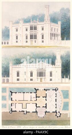 Glen Ellen pour Robert Gilmor, Towson, Maryland (perspective, l'altitude, et le plan). Artiste : Alexander Jackson Davis (américain, New York 1803-1892 West Orange, New Jersey). Fiche Technique : Dimensions : 21 3/4 x 15 5/8 in. (55,2 x 39,7 cm) Cadre : 30 1/2 x 24 1/2 in. (77,5 x 62,2 cm). Date : 1832. Bien que Benjamin Latrobe's Sedgeley (1799), une chambre classique avec quelques planifié extérieur détails gothique, est parfois cité comme la première villa néo-gothique dans le United States, Glen Ellen a été la première véritable American Gothic pittoresque maison. Son design a été inspiré par deux en mode néo-gothique anglais séminal Banque D'Images