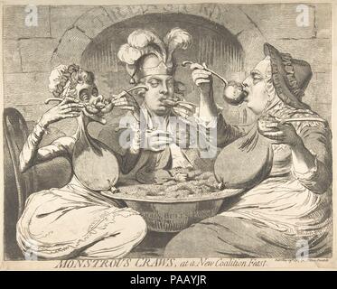 Craws monstrueux à une nouvelle coalition fête. Artiste : James Gillray (britannique, Chelsea 1756-1815 Londres). Fiche technique : Dimensions : 14 5/8 x 18 7/16 po. (37,2 x 46,9 cm). Editeur : Samuel William Fores (britannique, 1761-1838). Date : 29 mai, 1787. Queen Charlotte, George, Prince de Galles, et le roi George III voracement louche guinées dans la bouche d'un bol marqué 'John Bull's Blood.' l'argent tombe dans des sacs attachés à leur cou - les monstrueuses craws du titre, un terme normalement appliqués aux cultures d'oiseaux. Gillray utilisé l'imagerie de la gloutonnerie de critiquer les demandes exorbitantes sur la fonction p Banque D'Images