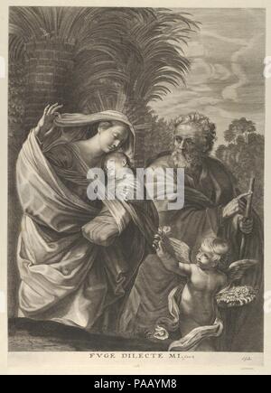 La Fuite en Égypte, la Sainte Famille à marcher ensemble, à Saint Joseph pointant à droite et la vierge portant le Christ enfant, un ange en face d'elle offrant une fleur, après Reni. Artiste : anonyme ; après l'italien Guido Reni (1575-1642), Bologne Bologne. Fiche Technique Dimensions : (découpés) : 17 13/16 × 12 3/4 in. (45,3 × 32,4 cm). Editeur : Cornelis Galle II (1615-1678), Anvers Anvers. Date : ca. 1640-78. D'après une peinture par Reni. Verso n'est pas visible que l'impression est mis sur une autre feuille de papier. Musée : Metropolitan Museum of Art, New York, USA. Banque D'Images