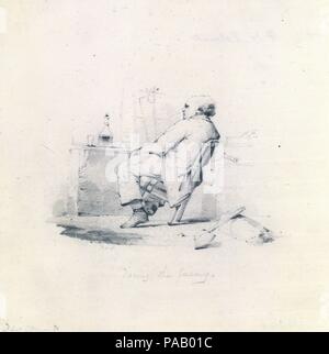 Pour l'étude face à l'ennemi (de l'album) McGuire. Artiste : Francis William Edmonds (American, Hudson, New York 1806-1863 Bronxville, New York). Dimensions : 6 7/8 x 6 5/8 in. (17,5 x 16,8 cm). Date : ca. 1845. Le présent travail, inscrit par l'artiste " face à l'ennemi", est une étude pour le tableau du même titre (Chrysler Museum, à Norfolk, Virginie) qu'Edmonds exposées à New York à la National Academy of Design en 1845. À la fois le dessin et la peinture présentent un menuisier dans son atelier, assis précairement renversée sur un side chair comme il contemple une carafe de spiritueux à la gagner Banque D'Images