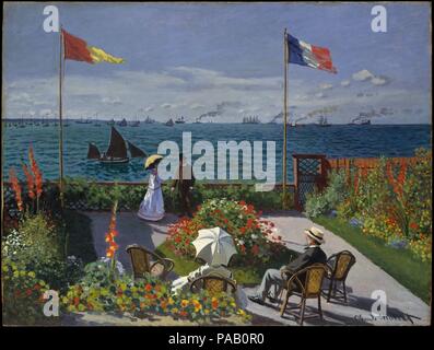 Jardin à Sainte-Adresse. Artiste : Claude Monet (français, Paris 1906-1957 Giverny). Dimensions : 38 5/8 x 51 1/8 in. (98,1 x 129,9 cm). Date : 1867. Monet a passé l'été de 1867 avec sa famille à Sainte-Adresse, une station balnéaire près du Havre. C'est là qu'il a peint cette scène ensoleillée, dynamique des loisirs contemporains, avec son père (montré assis dans un chapeau de panama) et d'autres parents comme modèles. En adoptant un point de vue élevé et à la peinture de la terrasse, de la mer et du ciel en trois bandes distinctes de couleur avec clé, Monet a insisté sur la surface plane de la toile. Son approche audacieuse--pour Banque D'Images