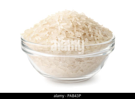 Bol en verre de riz sec isolated on white Banque D'Images