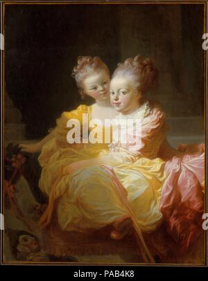 Les deux Sœurs. Artiste : Jean Honoré Fragonard (Grasse, France 1732-1806 Paris). Dimensions : 28 x 22 1/4 in. (71,8 x 55,9 cm). Date : ca. 1769-70. Cette photo doit dater de la fin des années 1760 et a été gravé avec le titre "Les Jeunes Sœurs' ou 'les jeunes Sœurs.' Alors que nous ne savons pas qui étaient les filles, nous savons--à partir de la preuve d'une esquisse à l'huile et une copie dans les pastels, ainsi que de la gravure--que la toile a été réduit. A l'origine, Fragonard a montré la fille plus âgée à pleine longueur et le plus jeune assis sur un cheval de bois dans un intérieur élégant. Musée : Metropolitan M Banque D'Images