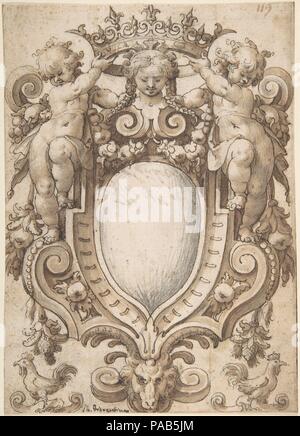 Armoiries (vierge) avec deux Putti tenant une couronne. Artiste : anonyme, l'allemand, 17e siècle ( ?). Fiche technique : Dimensions : 8 13/16 x 6 5/16 in. (22,4 x 16,1 cm). Ancienne Attribution : autrefois attribués à Anonymous, Russisch, 17ème siècle. Date : le 17e siècle. Conception d'un blason. Le compartiment central a été laissée en blanc. La conception est caractérisée par deux putti, debout sur strapwork morte et brandissant une grande couronne sur un buste femme sur le dessus des armoiries. Ci-dessous les armoiries se termine par un masque en forme d'animal qui est flanquée de deux coqs, représenté par le côté. Musée : M Banque D'Images