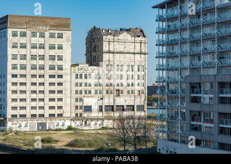 Anciens et nouveaux. Spillers Millénaire Mills à West Silvertown en attente de son projet de réaménagement et longtemps retardée Banque D'Images