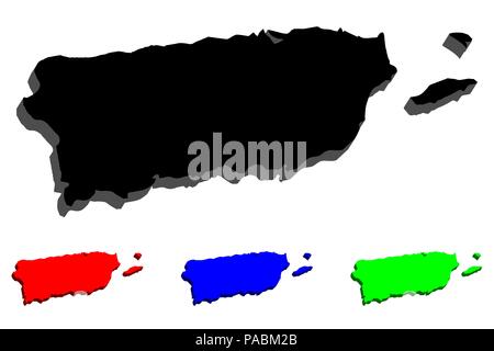 3D de la carte de Porto Rico (Commonwealth de Porto Rico, Porto Rico) - noir, rouge, bleu et vert - vector illustration Illustration de Vecteur