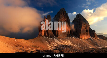 Tre Cime di lavadero au coucher du soleil Banque D'Images