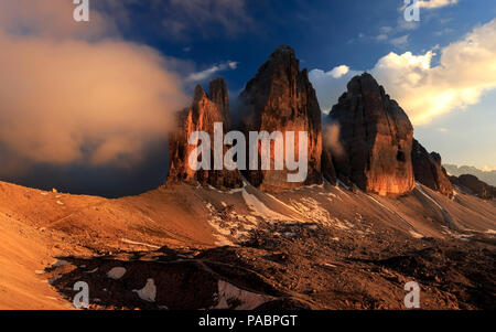 Tre Cime di lavadero au coucher du soleil Banque D'Images