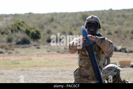 Circuit de l'armée américaine. Isaac Bautista, un mortarman affecté au 1er Bataillon, 503e Régiment d'infanterie, 173e Brigade aéroportée, charge un M252 81mm Système de mortier de poids moyen pendant l'exercice 16, soldat du ciel le 4 mars 2016, à l'espace formation Chinchilla en Espagne. La 173e Brigade aéroportée de l'armée américaine est la force de réaction d'urgence en Europe, fournissant le déploiement rapide des forces armées de l'armée américaine l'Europe, l'Afrique et les domaines de responsabilité du commandement central dans les 18 heures. La brigade des trains régulièrement aux côtés de l'OTAN et de pays partenaires afin de renforcer les relations et renforcer l'alliance. (Photo b Banque D'Images