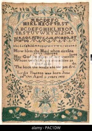 Sampler brodé. Culture : L'Américain. Dimensions : 17 x 12 in. (43,2 x 30,5 cm). Bouilloire : Lydia Pearson (né 1791). Date : 1802. Musée : Metropolitan Museum of Art, New York, USA. Banque D'Images