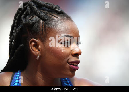 Great Britain's Asha Phillip réagit après la chaleur du 100 m femmes B au cours de la première journée de la Muller jeux anniversaire au Queen Elizabeth Stadium, Londres. ASSOCIATION DE PRESSE Photo. Photo date : Samedi 21 juillet 2018. Crédit photo doit se lire : John Walton/PA Wire. Banque D'Images