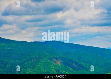 Paysage de montagne d'été. Paysage d'été dans les montagnes et le sombre ciel bleu avec des nuages. Les Carpates blanches, République tchèque. Banque D'Images