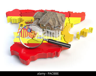 Chambre et la loupe sur la carte de l'Espagne dans des couleurs du drapeau espagnol. Recherchez une chambre à louer ou acheter concept. Immobilier en Espagne. Illustr 3d Banque D'Images