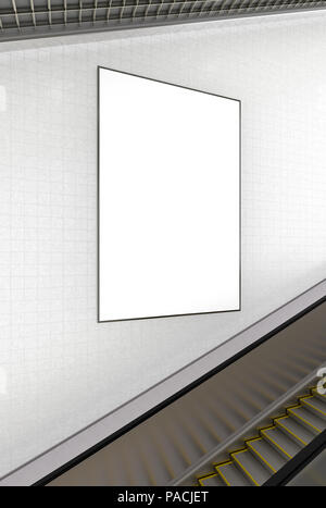 Vertical blanc affiche publicitaire sur le mur de l'escalier souterrain. 3d illustration Banque D'Images