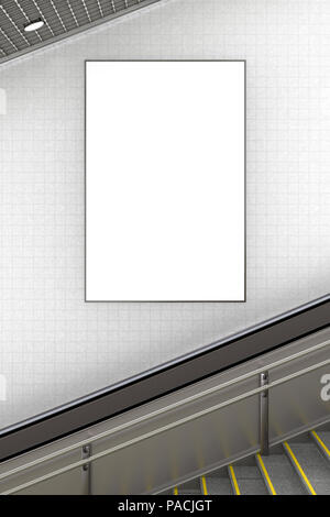 Vertical blanc affiche publicitaire sur le mur de l'escalier souterrain. 3d illustration Banque D'Images