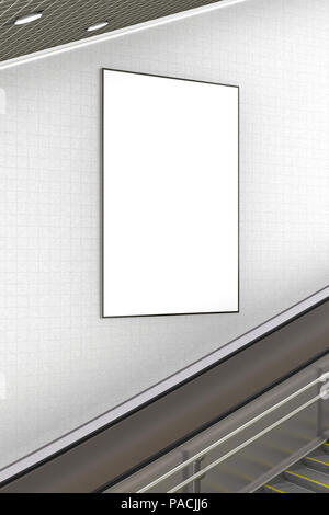 Vertical blanc affiche publicitaire sur le mur de l'escalier souterrain. 3d illustration Banque D'Images