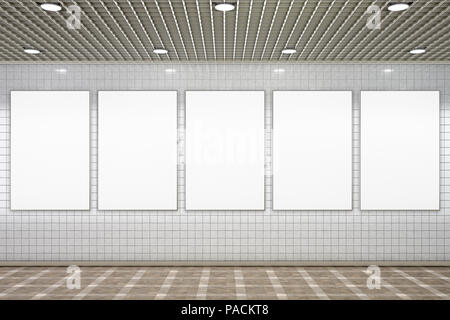 Vertical blanc affiches publicitaires dans le métro Underground hall. 3d illustration Banque D'Images