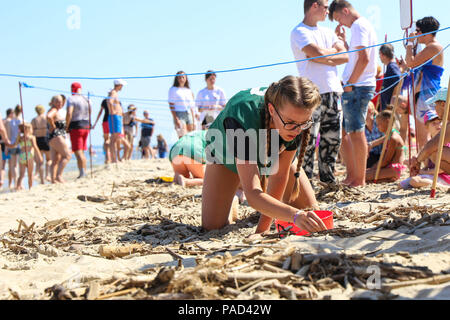 Jantar, Pologne. 21 juillet, 2018. Un compétiteur participe au championnat du monde de chasse Orange Jantar, dans le nord de la Pologne, le 21 juillet 2018. Des centaines de personnes ont participé au Championnat du Monde de chasse orange en finale du Jantar le samedi. Championnat du Monde de la chasse d'Ambre, qui a eu lieu depuis 1998, consiste à prendre et choisir autant d'ambres que possible à l'heure, dans un poste désigné. Les chasseurs peuvent utiliser l'épuisette et d'autres outils. Crédit : Chen Xu/Xinhua/Alamy Live News Banque D'Images