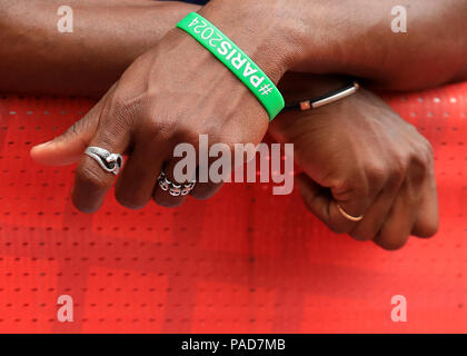 Stade de Londres, Londres, Royaume-Uni. 22 juillet, 2018. Diamond League Athlétisme, jour 2 ; Marvin René (FRA) porte une bande pour soutenir Paris 2024 : Action de Crédit Plus Sport/Alamy Live News Banque D'Images