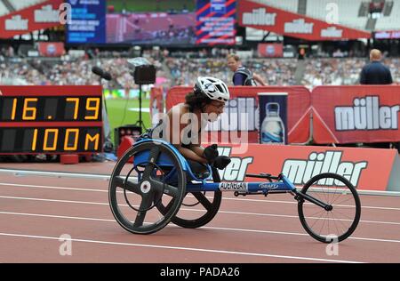 Londres, Royaume-Uni. 22 juillet, 2018. Londres, Royaume-Uni. 22 juillet 2018. Kare Adenegan (GBR) célèbre comme elle gagne le T34 100m Womens dans un record du monde. Muller Anniversaire Jeux. Ligue de diamant de l'IAAF. Stade olympique. Queen Elizabeth Olympic Park. Stratford. Londres. UK. 22/07/2018. Credit : Sport en images/Alamy Live News Crédit : Sport en images/Alamy Live News Banque D'Images