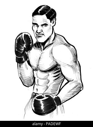 Homme de boxe. Illustration noir et blanc Encre Banque D'Images