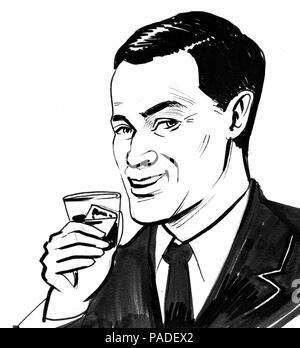 Homme tenant un verre de whisky. Illustration noir et blanc Encre Banque D'Images